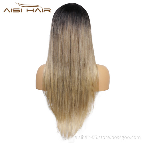 Aisi Hair Wholesale Long Silky Straight Wig Lace Ombre Blonde Dark Root Wig Cheap Synthetic Hair Lace Front Wigs For Black Women